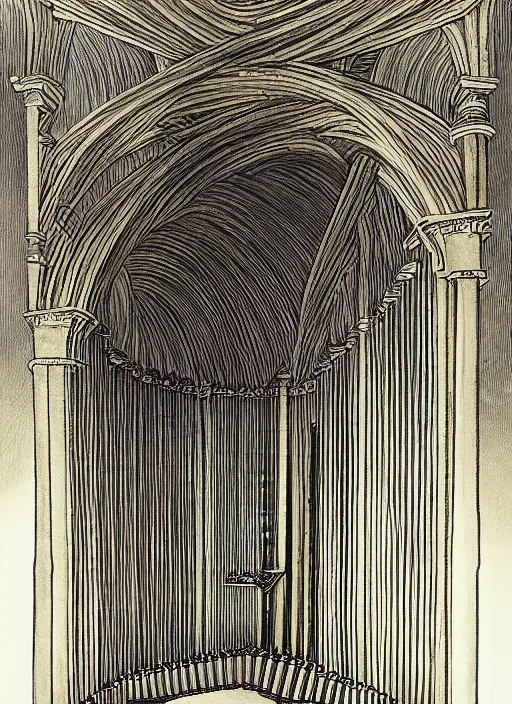 Prompt: pipe organ made of large books, pen and ink digital illustration, subtle colors, by alan lee and john howe