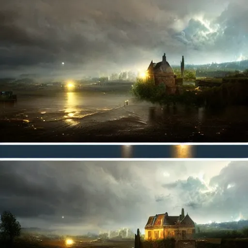 Prompt: dramatic landscape art of a german town being flooded during a thunderstorm, background art, concept art, dramatic lighting, trending on artstation