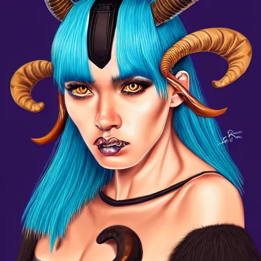 Image similar to illustrated realistic portrait of ram-horned devil woman with blue bob hairstyle and her tan colored skin and with solid black eyes wearing leather by rossdraws