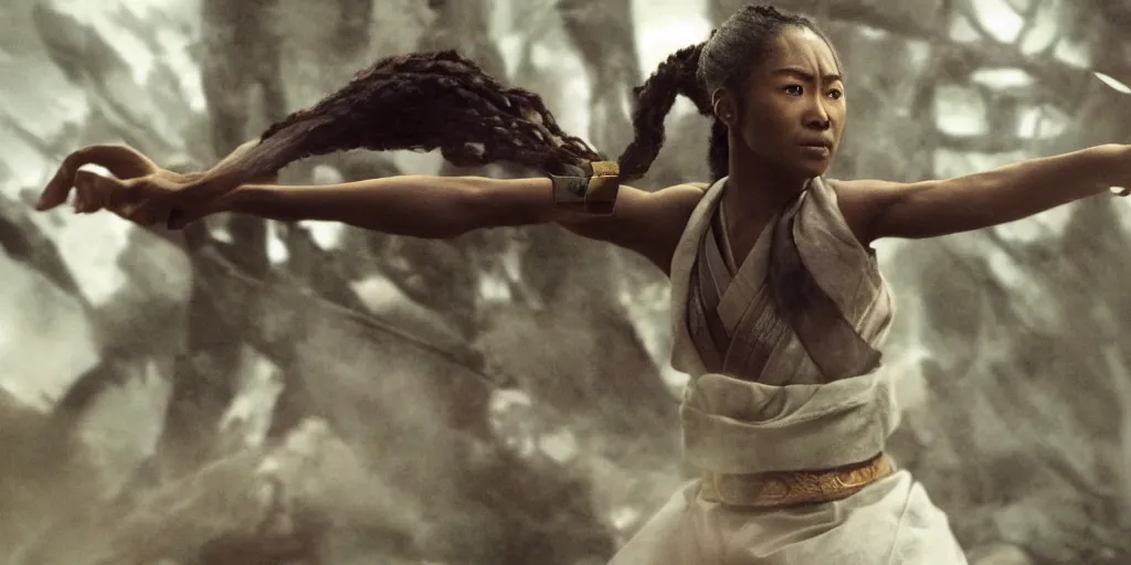 Image similar to a film still of a black woman starring in a japanese blockbuster film as ancient samurai, levitating mid air, intense, shallow depth of field, cinematic, award winning cgi, vfx, film still