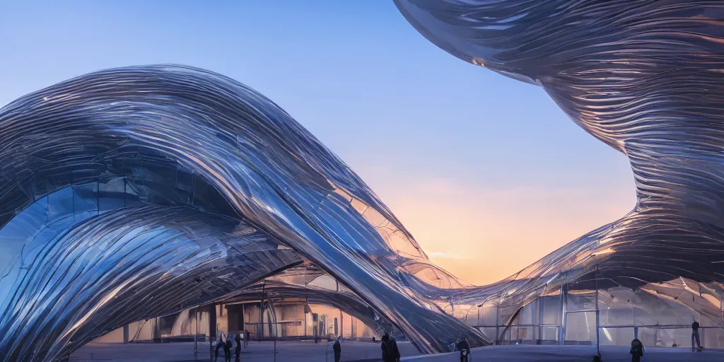 Image similar to extremely detailed awe stunning beautiful futuristic smooth curvilinear museum exterior, translucent gills, stunning volumetric light, stainless steel, concrete, translucent material, beautiful sunset, hyper real, 8k, colorful, 3D cinematic volumetric light, atmospheric light