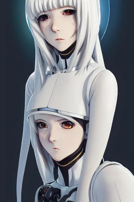 Image similar to portrait Anime cyborg girl in nun clothes, holy church Warhammer 40000, cute-fine-face, white-hair pretty face, realistic shaded Perfect face, fine details. Anime. realistic shaded lighting by Ilya Kuvshinov katsuhiro otomo ghost-in-the-shell, magali villeneuve, artgerm, rutkowski, WLOP Jeremy Lipkin and Giuseppe Dangelico Pino and Michael Garmash and Rob Rey