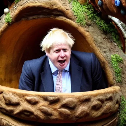 Image similar to Boris Johnson having the time of his life sitting alone riding splash mountain , Photographed by the ride