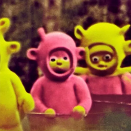 Prompt: A grainy surveillance photo of a cult of Teletubbies sacrificing a brine shrimp to Odin, the Norse god.