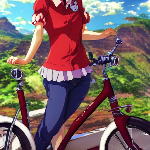 Prompt: close up of a high definition anime girl with red delivery clothes in a bike with armenia quindio in the background , Artwork by Makoto Shinkai, pixiv, 8k, official media, wallpaper, hd