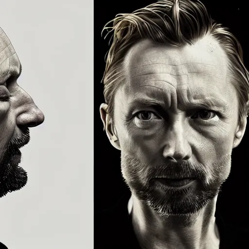 Image similar to collages, hyper realistic, many variations portrait of very old thom yorke, face variations, singer songwriter, ( side ) profile, liminal space, by lee bermejo, alphonse mucha and greg rutkowski, greybeard, smooth face, cheekbones