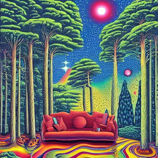 Prompt: psychedelic trippy river pine forest, planets, milkyway, sofa, cartoon by rob gonsalves