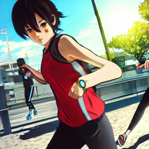 Prompt: anime style, gta 5, girl is running, red sport clothing, marathon race, brown short hair, hair down, symmetrical facial features, from arknights, hyper realistic, rule of thirds, extreme detail, detailed 4 k drawing, safebooru, realistic lighting, by alphonse mucha, greg rutkowski, smooth, backlit