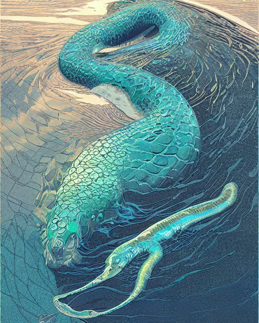 Image similar to a water serpent, digital art, illustrated by james gurney and victo ngai