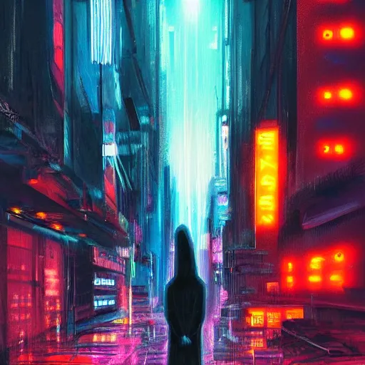 Prompt: cyberpunk neon city night with hooded figure painted by Turner