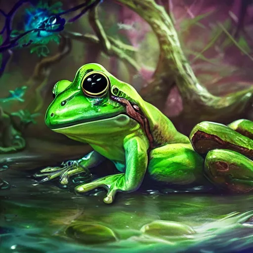 Image similar to beatiful art league of legends splash art of a frog in a swamp