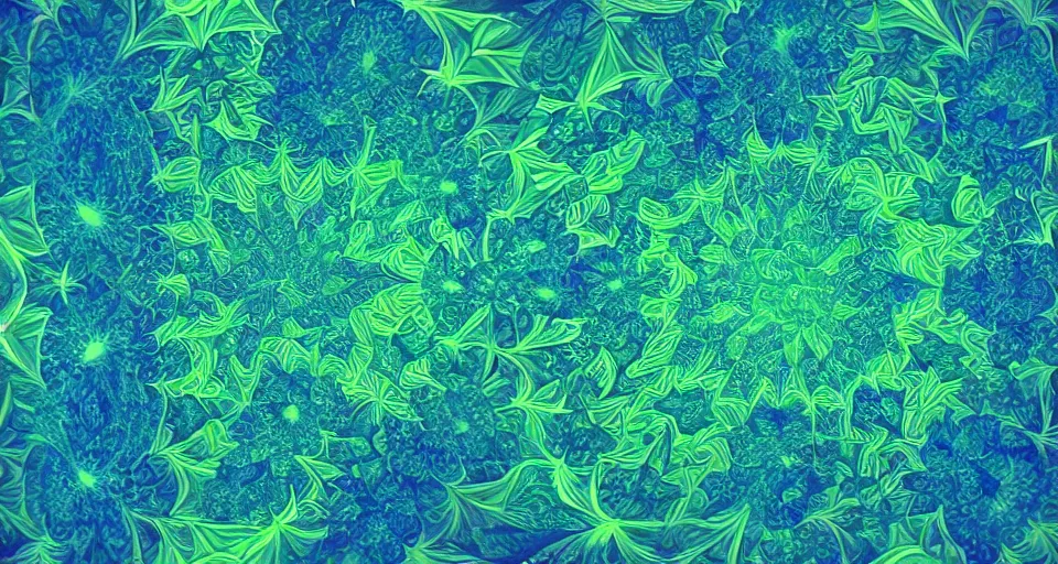 Image similar to low quality blurry cell phone footage of an abstract blue and green fractal, symmetry, dark