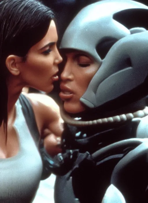 Image similar to cinematic film still of kim kardashian being held by the throat by a predator in Alien.