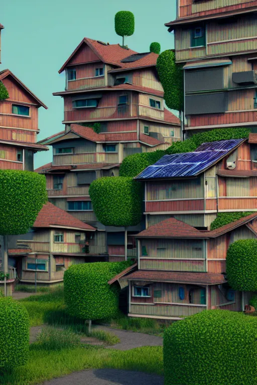 Image similar to stacked houses, solarpunk, francois schuiten, studio ghibli, octane render, 4 k