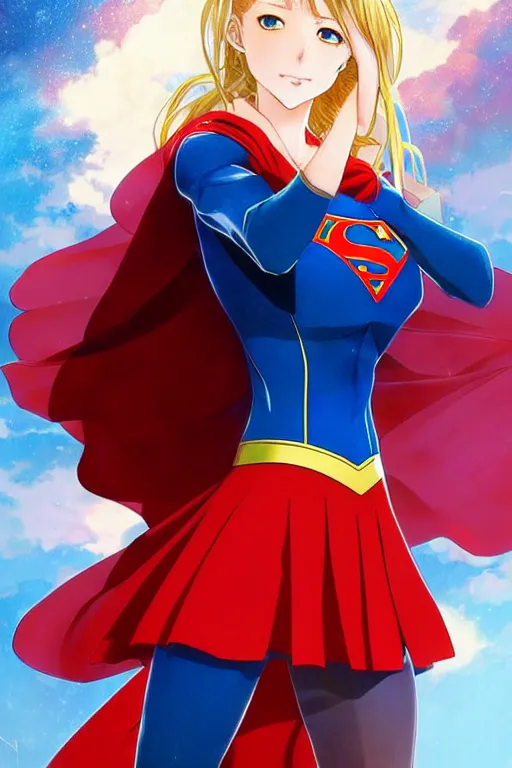 Image similar to anime key visual of a beautiful female supergirl!! intricate, red, blue gold suit, powers, speed, dc comics, cinematic, stunning, highly detailed, digital painting, artstation, smooth, hard focus, illustration, art by artgerm and greg rutkowski and alphonse mucha