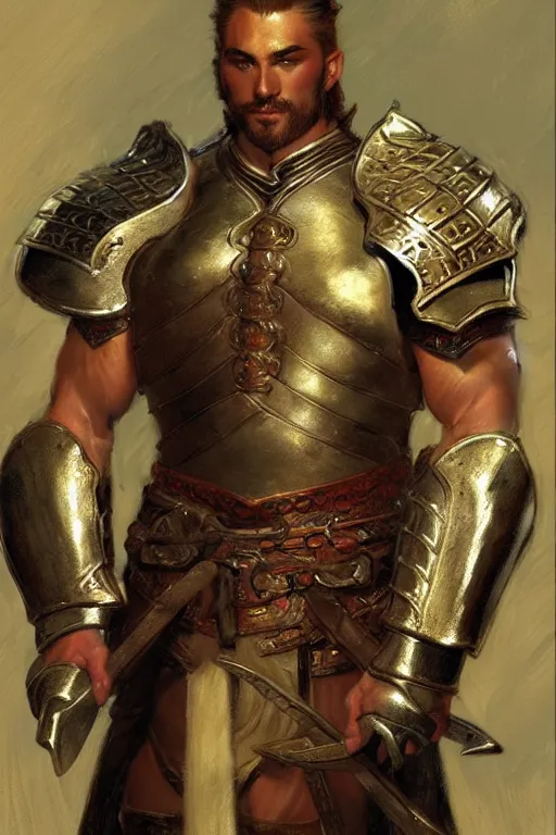 Image similar to attractive beefy male with armor, song dynasty, character design, painting by gaston bussiere, craig mullins, j. c. leyendecker, tom of finland