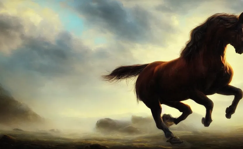 Prompt: a beautiful oil painting of a proud galloping horse. wide angle, fantasy art, heroic lighting, very very very beautiful raytraced rendering, fog, finger of god, amazing wallpaper