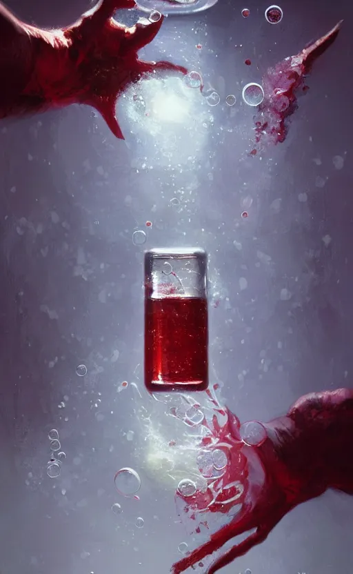 Prompt: a beautiful painting illustration of a health potion, scratched vial, bubbles, crimson, by greg rutkowski, featured on artstation, rpg item