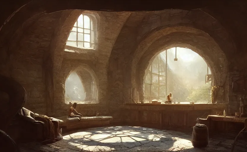 Image similar to painting of an interior of a hidden ring - shaped living quarters overlooking the great room, well maintained, clean, medieval, fantasy genre, natural light, fantasy, natural light, concept art, by greg rutkowski and craig mullins, cozy atmospheric and cinematic lighting, trending on artstation