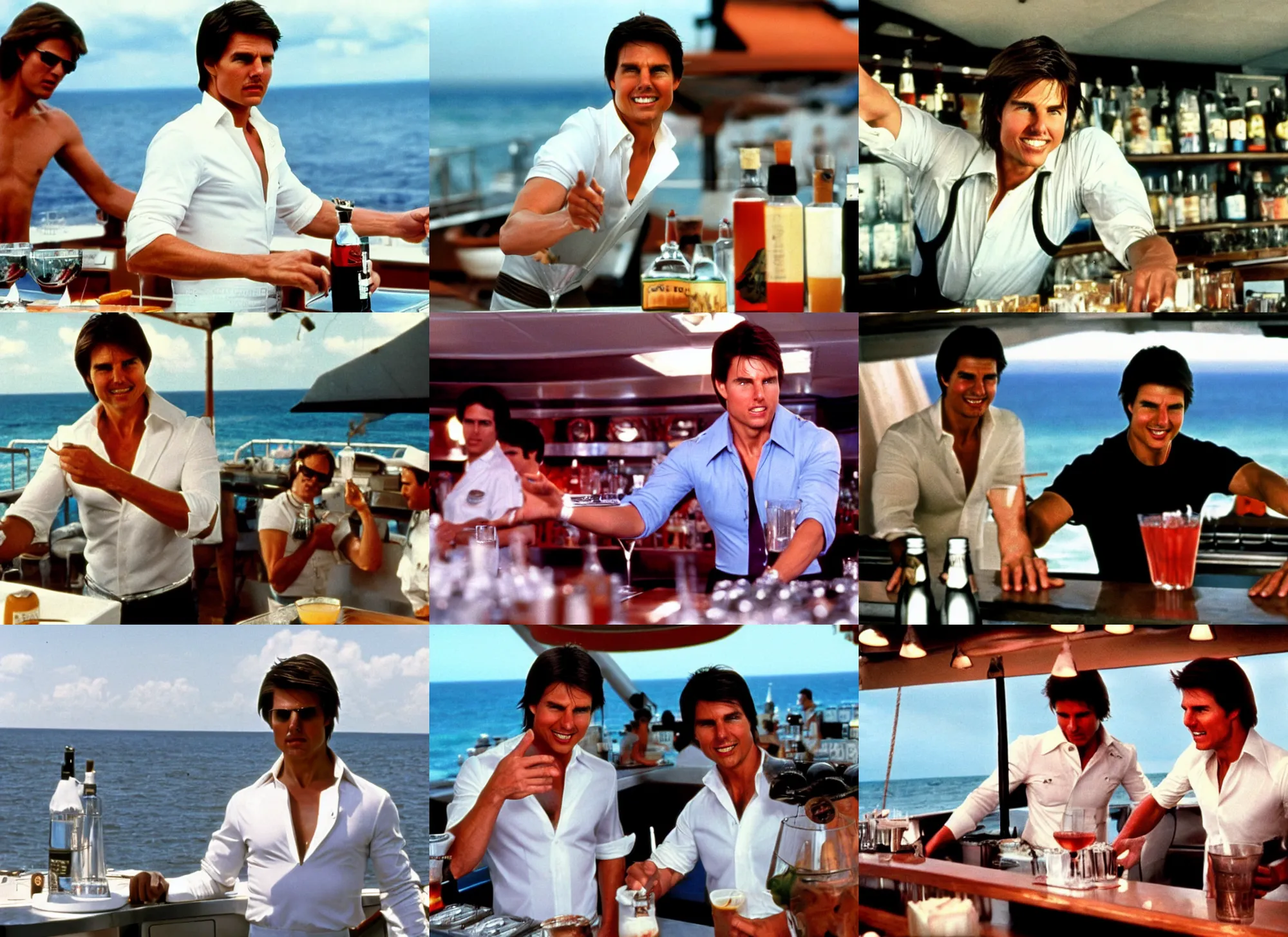 Prompt: tom cruise working as a bartender on the love boat, 1 9 8 0, ocean background