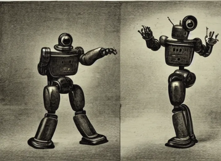 Image similar to action shot of a robot from 1 8 5 6 in the style of pixar 3 d animation