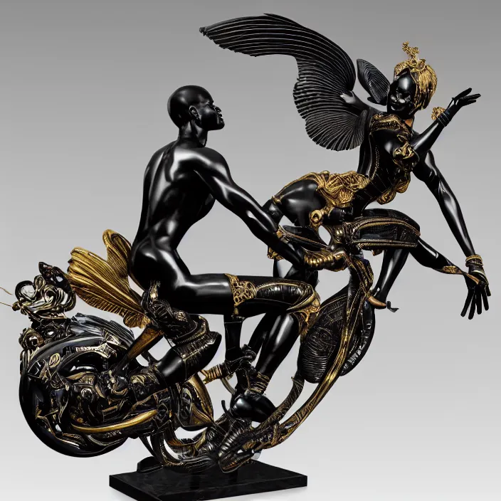 Image similar to fine art statue of masculine black egyptian man on a surrealist motorcycle, ebony art deco, carved black marble, inlaid with ebony and gold accents, ebony rococo, wings black lace wear, spider zero, zaha hadid, beautifully lit, hyper detailed, intricate, elite, ornate, photorealistic, micro details, 3 d sculpture, ray trace