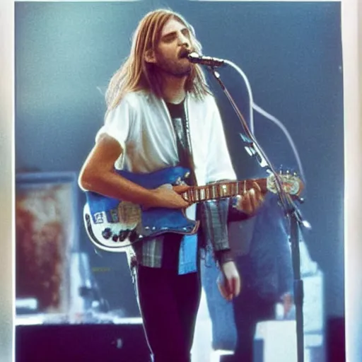 Prompt: thin skinny Kurt Cobain singer-songwriter-artist, guitarist, lead vocalist rock band Nirvana, a colorized photo by David Gilmour Blythe, thin, neoplasticism, 1990s, associated press photo, masterpiece