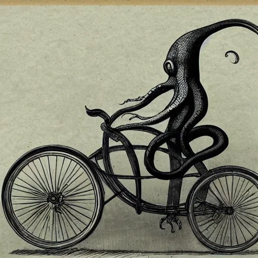 Image similar to an octopus riding a victorian bicycle