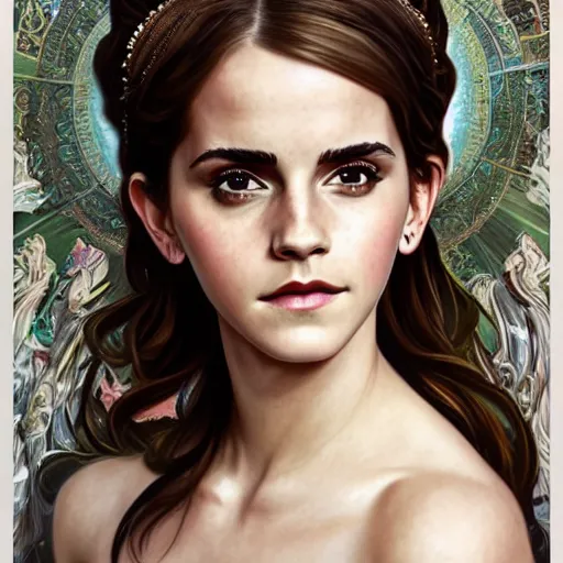 Image similar to Emma Watson as a Greek Goddess, cute, fantasy, intricate, elegant, highly detailed, digital painting, 4k, HDR, concept art, smooth, sharp focus, illustration, art by artgerm and H R Giger and alphonse mucha