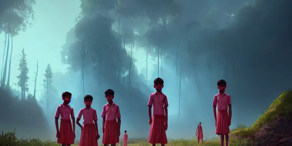 Image similar to kerala school boys wearing girls dresses posing for a photo, an epic fantasy, dramatic lighting, cinematic, establishing shot, extremely high detail, photorealistic, cinematic lighting, artstation, matte painting by simon stalenhag, horizon forbidden west