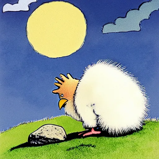 Prompt: view from side of fluffy baby chicken with a toothache sitting on a grassy hill with rocks around it looking up at the clouds, award winning illustration by maurice sendak and don freeman