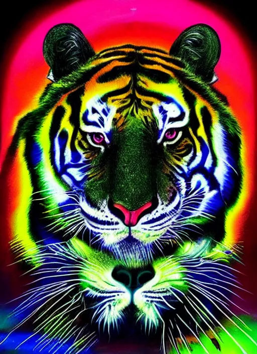 Prompt: “A surreal neon painting of a shaman face and a tiger futuristic picasso by hr giger and Vladimir kush and dali and kandinsky, 3d, realistic shading, complimentary colors, vivid neon colors, aesthetically pleasing composition, masterpiece, 4k, 8k, ultra realistic, super realistic”