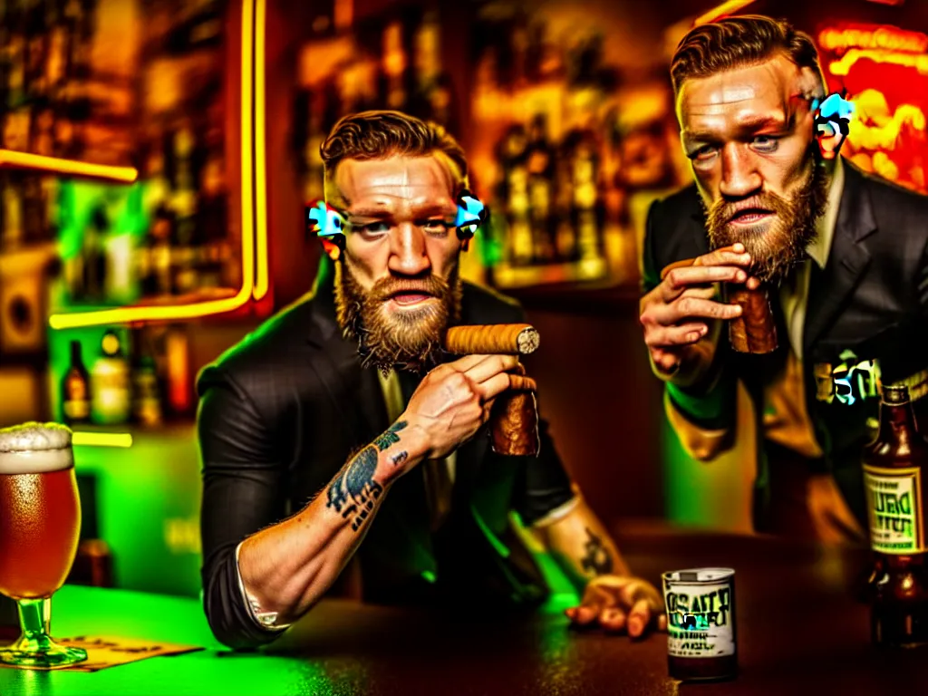 Image similar to a well framed portrait of conor mcgregor drinking a beer and smoking a cigar in an irish pub with a neon bar, laser lighting, trending on art station, in the style of the movie heat with al pacino, volumetric lighting & shadows, hyper detailed, digital art, unreal engine, 4 0 0 mm f 1. 8,