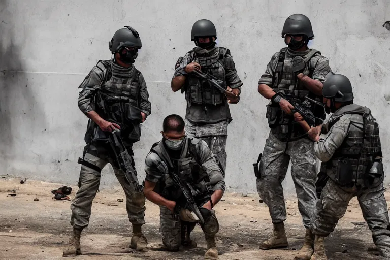 Image similar to Mercenary Special Forces soldiers in grey uniforms with black armored vest and black helmets in urban warfare in Cambodia 2022, Canon EOS R3, f/1.4, ISO 200, 1/160s, 8K, RAW, unedited, symmetrical balance, in-frame, combat photography