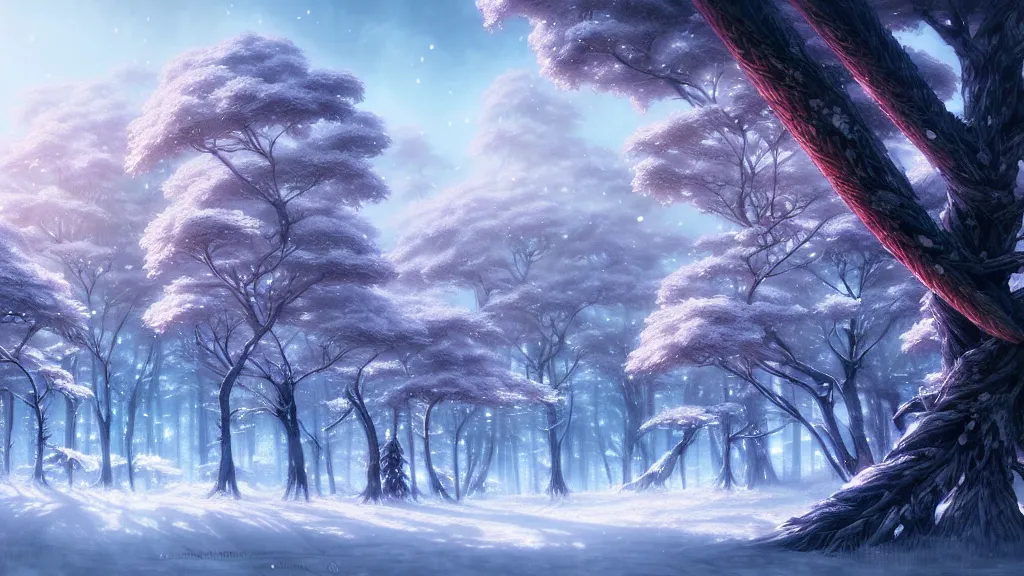 Image similar to anime forest winter landscape, intricate details, fantasy, elegant, highly detailed, digital painting, artstation, concept art, smooth, sharp focus, illustration, wide angle, artbook, splash art, promo art, soul calibur, league of legends, art by artgerm and greg rutkowski and bo chen and jin xiaodi