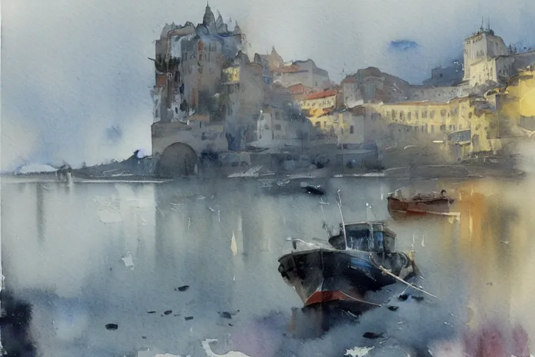 Image similar to small centered on watercolor paper, paint brush strokes, abstract watercolor painting of porto palace, cinematic light, national romanticism by hans dahl, by jesper ejsing, by anders zorn, by greg rutkowski, by greg manchess, by tyler edlin