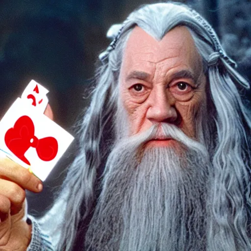 Image similar to portrait of gandalf, Hello Kitty headgear, holding a blank playing card up to the camera, movie still from the lord of the rings