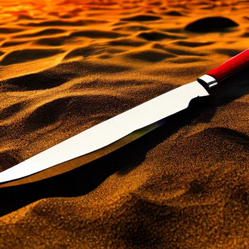 Image similar to a closeup photorealistic photograph of a red knife on the beach halfway covered with sand, fantastic four theme. bright scene. fine detail. this 4 k hd image is trending on artstation, featured on behance, well - rendered, extra crisp, features intricate detail, epic composition and the style of unreal engine.