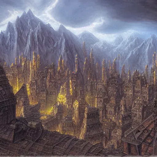 Prompt: a dwarven city in the mountains, by john howe