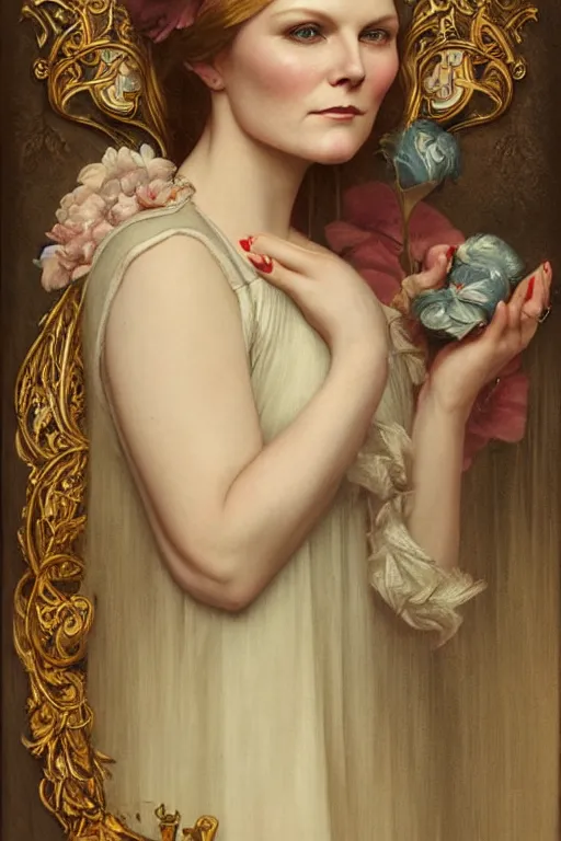 Image similar to Kirsten Dunst by Tom Bagshaw in the style of Gaston Bussière, art nouveau