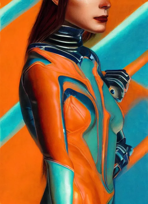 Image similar to symmetry! dynamic pose, closeup portrait of a cyborg racer girl, skintight leather striped racing jumpsuit, cinematic light, backlight, teal orange, by gerald brom, by mikhail vrubel, by peter elson, muted colors, extreme detail, trending on artstation, 8 k