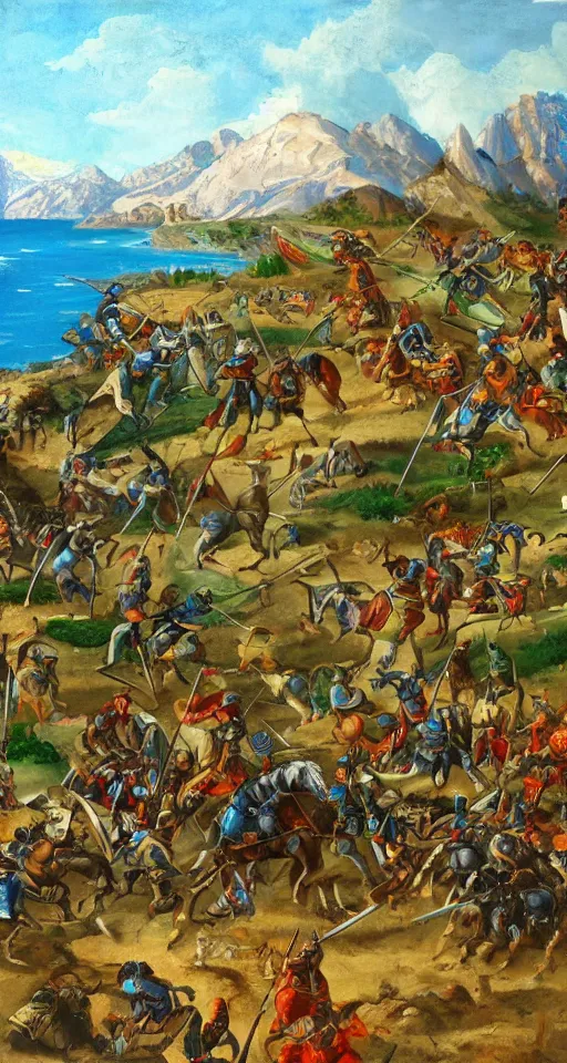 Prompt: colorful simple wideshot of a small medieval battle in front of a beautiful large blue mountainscape, painting