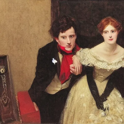 Prompt: young victorian man and woman solving an escape room riddle, painted by alfred stevens