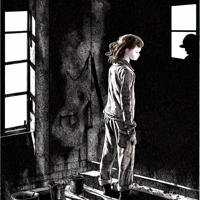 Image similar to sadie sink in dirty workmen clothes waves goodbye to workmen. background : factory, dirty, polluted. technique : black and white pencil and ink. by gabriel hardman, joe alves, chris bonura. cinematic atmosphere, detailed and intricate, perfect anatomy