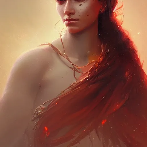 Image similar to a beautiful portrait of a fire goddess, a detailed painting by greg rutkowski and raymond swanland, featured on cgsociety, fantasy art, detailed painting, artstation hd, photorealistic, flaming background