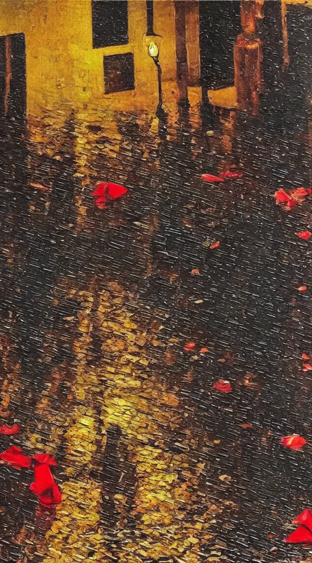 Prompt: a single crushed red plastic cup on wet sidewalk as a classical painting, oil painting, epic lighting, dramatic composition, night, dusk, in the style of van gogh