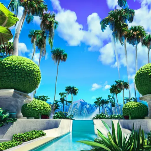 Prompt: vaporwave oasis, high detail, rendered in unreal engine, 3d render, god rays, volumetric lighting, award winning, vegetation