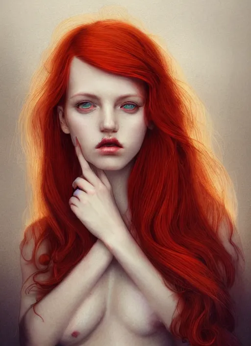 Image similar to dramatic ethereal full length illustration of a beautiful and red hair young woman in the art style of Martine Johanna, not realistic, anatomically correct, beautiful!! perfect face, enigmatic, volumetric golden dappled dynamic lighting, sharp focus, 8k high definition, insanely detailed, intricate, elegant