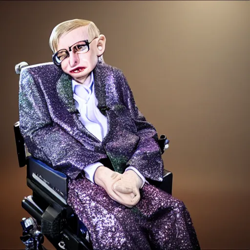 Image similar to Stephen Hawking with silver-violet hair, white eyes and golden glittery dress, wide lens, diorama, 4k,