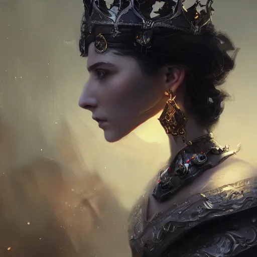 Image similar to portrait of a fantasy tall woman with black hair pale skin and a crown on her head, intricate baroque armour, glowing aura, trending on artstation, 4 k, greg rutkowski, concept art, matte painting,